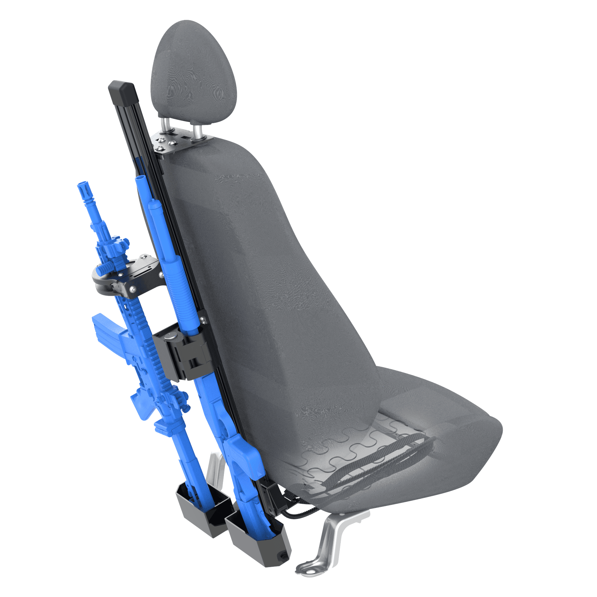 Headrest weapon mount with rifle secured behind a front seat